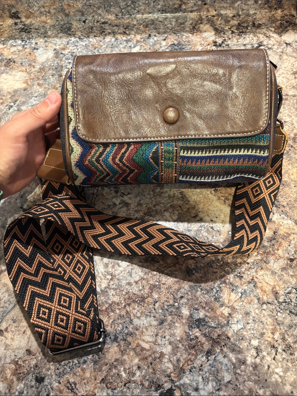 Brown Leather & Multicolor Woven Crossbody Bag